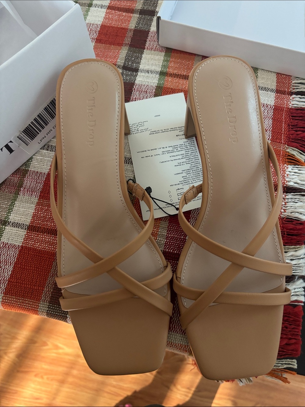 The Drop Women's Tan Strappy Square-Toe Heeled Sandals